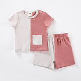 Bay clothes 2pcs set ribbed kids clothes baby boy clothes girls clothes round neck shorts two colors patches with pocket t shirt