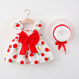 2pcs Summer Baby Girls Beach Princess Dress Cute Bow Flowers Sleeveless Cotton Toddler Dresses+Sunhat Newborn Clothing Set