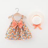 2pcs Summer Baby Girls Beach Princess Dress Cute Bow Flowers Sleeveless Cotton Toddler Dresses+Sunhat Newborn Clothing Set