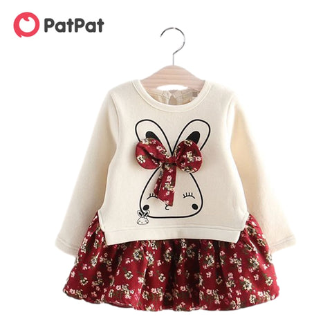 PatPat  New Arrival Autumn and Winter Spring Baby Toddler Faux-two Bunny Print Floral Dresses for Kids Girls Kids Clothing