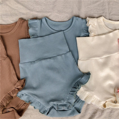 Baby Girl New Clothes Set Soft Ribbed Cotton Bosyuit Shorts Clothing Set Cute Toddler Fashion Comfortable Jumpsuit Bloomers