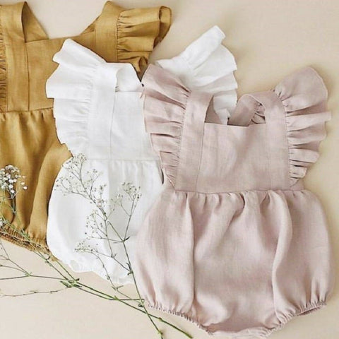 Baby Girl Romper Clothes Linen Summer Fashion Children's Kids Solid Color Clothing Light Pink Jumpsuit Cotton Puff Sleeve Roupas