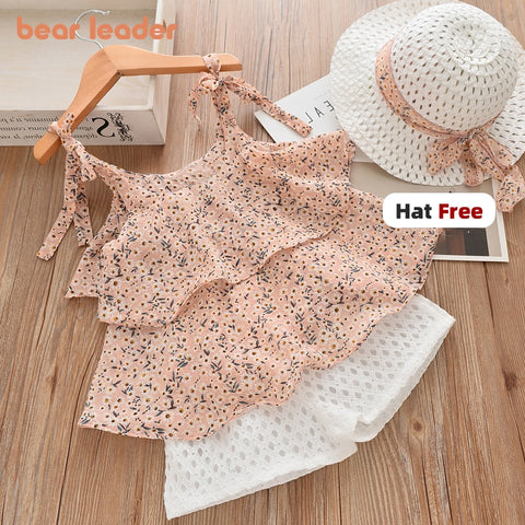 Bear Leader Girls Clothing Sets  Summer Kids Clothes Floral Chiffon Halter+Embroidered Shorts Straw Children Clothing