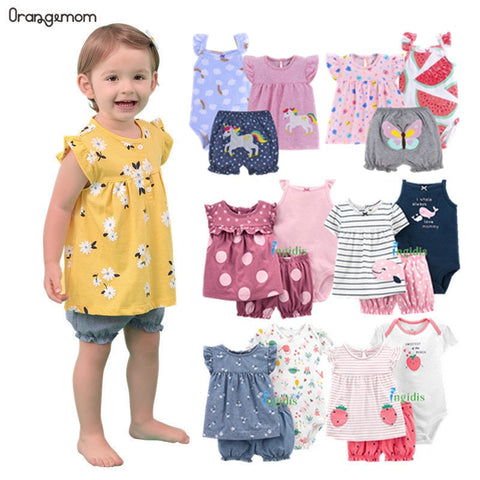 Summer Dresses  Baby Girl Clothing Set Cotton Home For Baby Girl Clothes , 15 Colours Short Unicorn Infant Clothing Suit