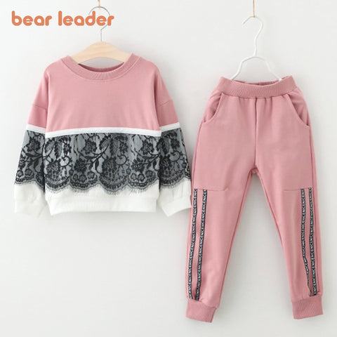 Bear Leader Girls Clothing Sets New Spring Active Girls Clothes Lace Children Clothing Cartoon Print Sweatshirts Pants Suit 3-7Y