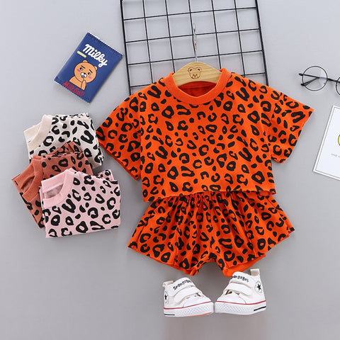 Boys Girls Leopard print Cotton Kids T-shirts Sets Baby Clothing Summer Newborn Infant Sports 2Pcs Sets Toddler Girl Clothes Set